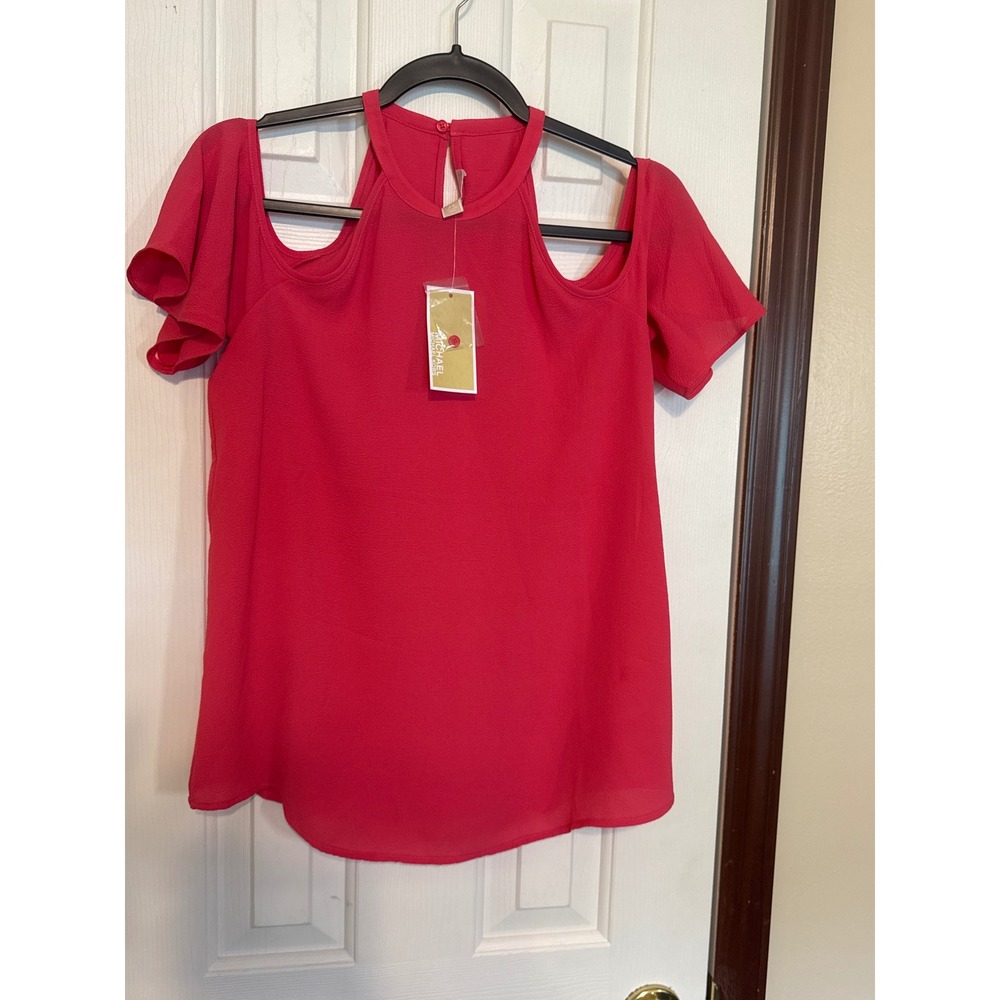 Michael Kors Cold Shoulder Top Ruffle Sleeve Blouse Geranium‎ XS